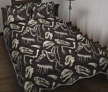 Monochrome Dinosaur Fossil Pattern Print Quilt Bed Set