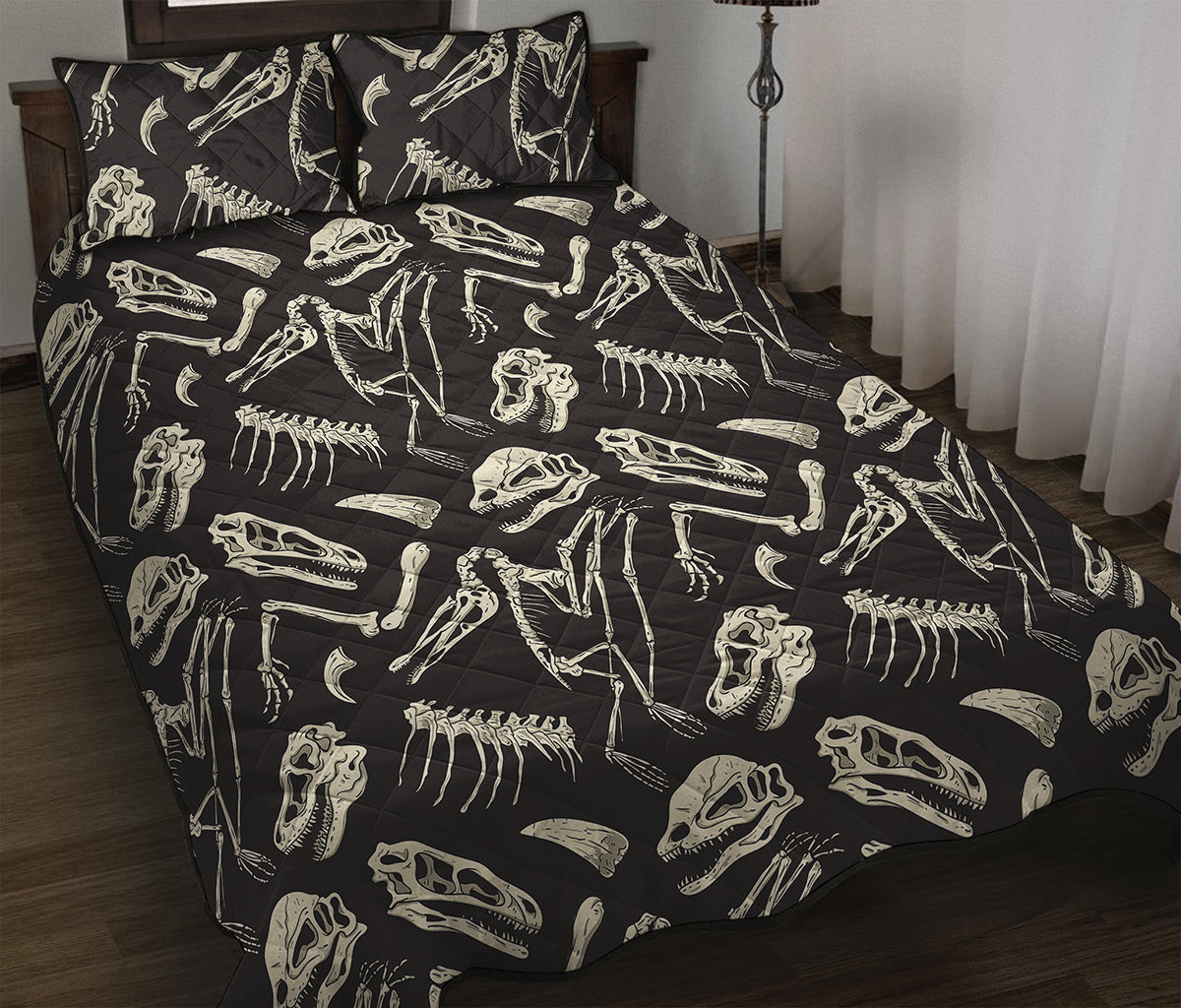 Monochrome Dinosaur Fossil Pattern Print Quilt Bed Set