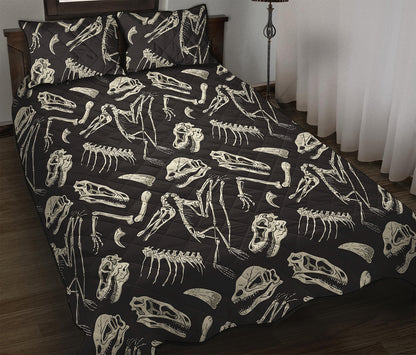 Monochrome Dinosaur Fossil Pattern Print Quilt Bed Set