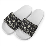 Monochrome Dinosaur Fossil Pattern Print White Slide Sandals