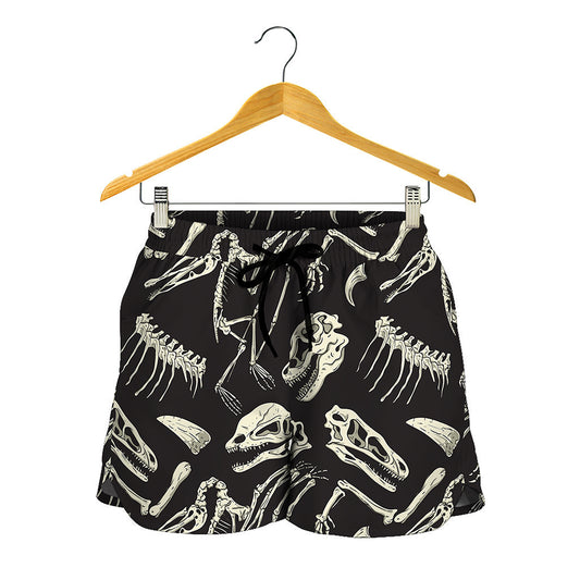 Monochrome Dinosaur Fossil Pattern Print Women's Shorts