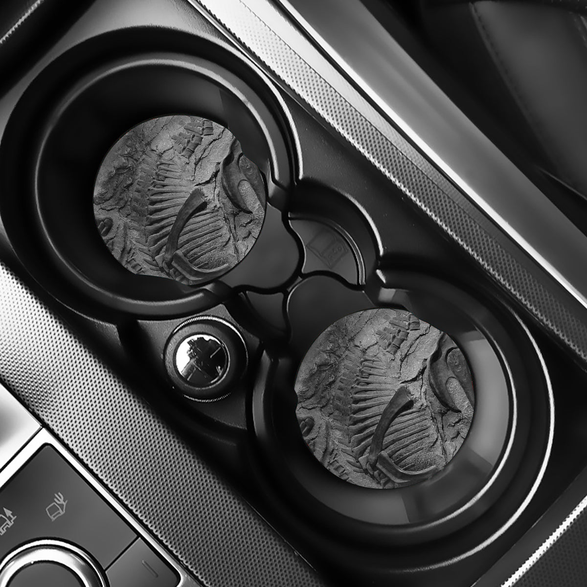 Monochrome Dinosaur Fossil Print Car Coasters