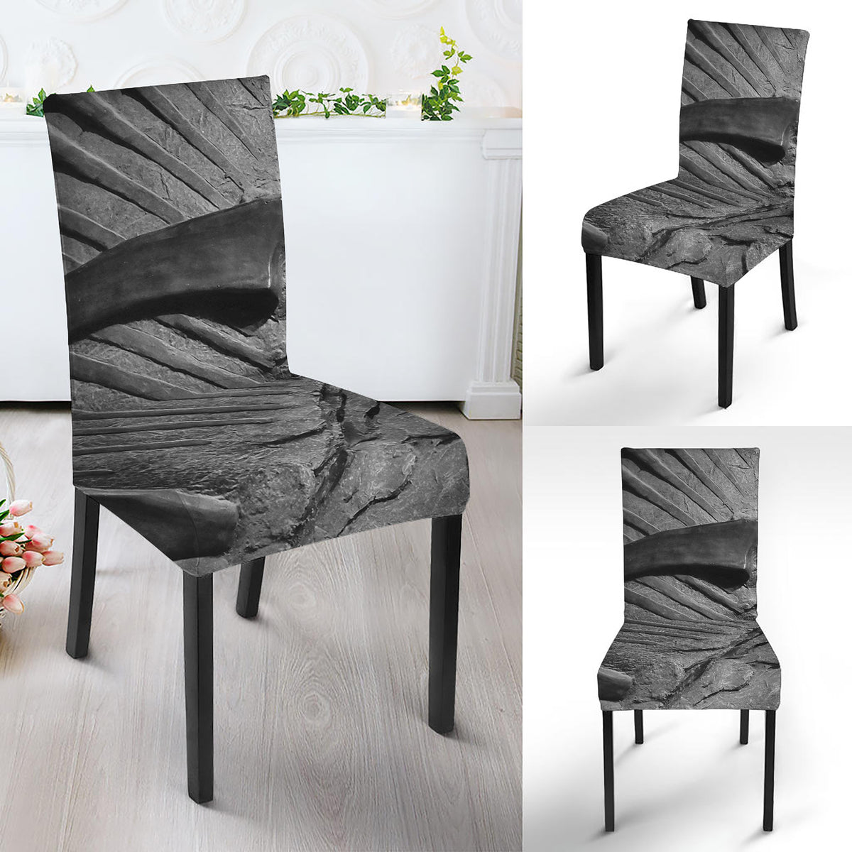 Monochrome Dinosaur Fossil Print Dining Chair Slipcover