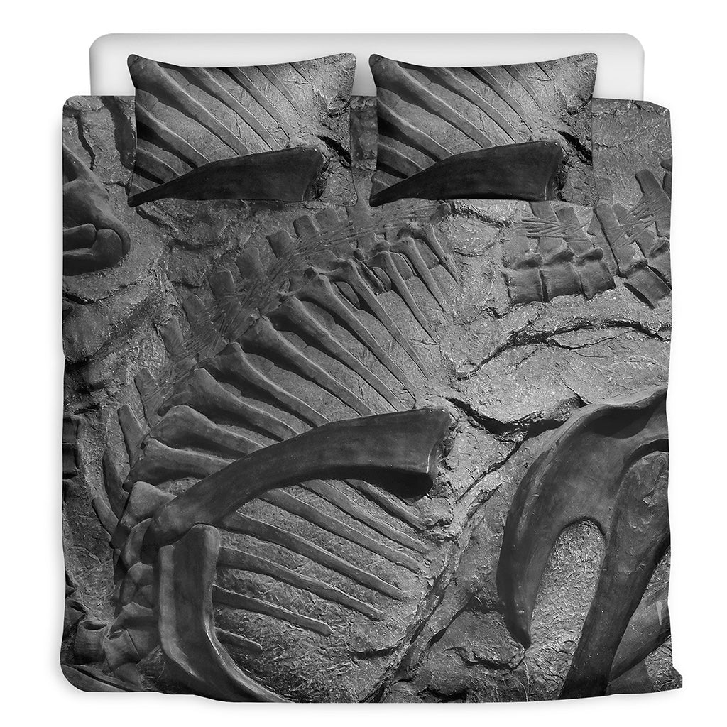 Monochrome Dinosaur Fossil Print Duvet Cover Bedding Set