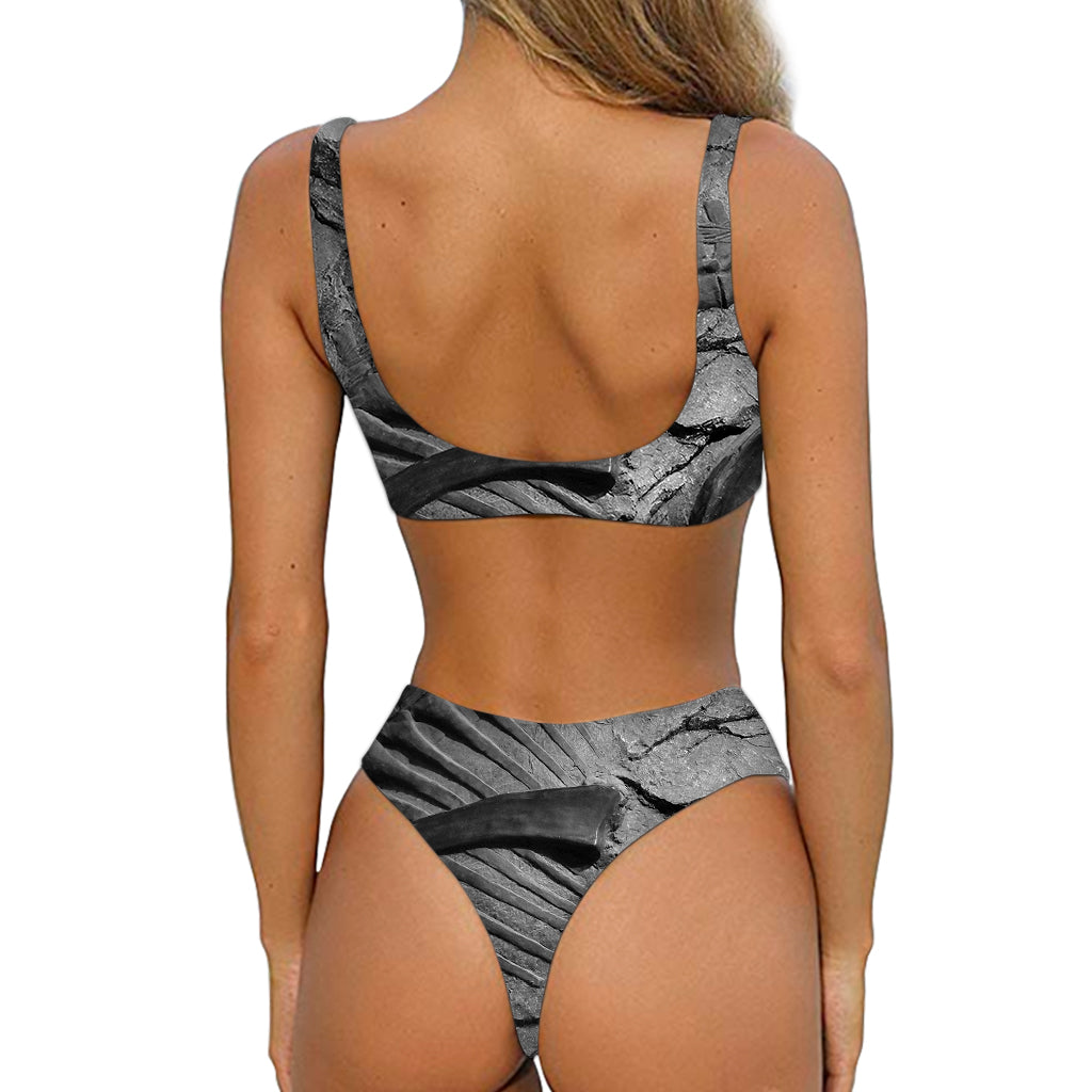 Monochrome Dinosaur Fossil Print Front Bow Tie Bikini