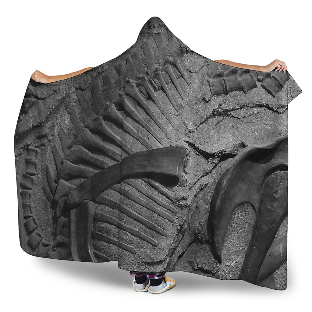 Monochrome Dinosaur Fossil Print Hooded Blanket