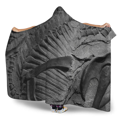 Monochrome Dinosaur Fossil Print Hooded Blanket