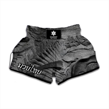 Monochrome Dinosaur Fossil Print Muay Thai Boxing Shorts