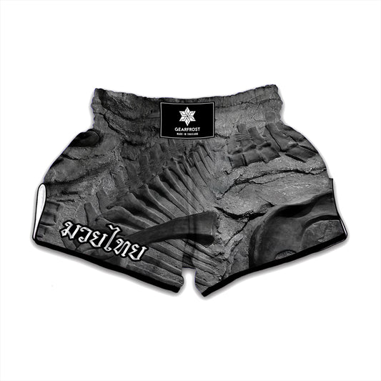 Monochrome Dinosaur Fossil Print Muay Thai Boxing Shorts