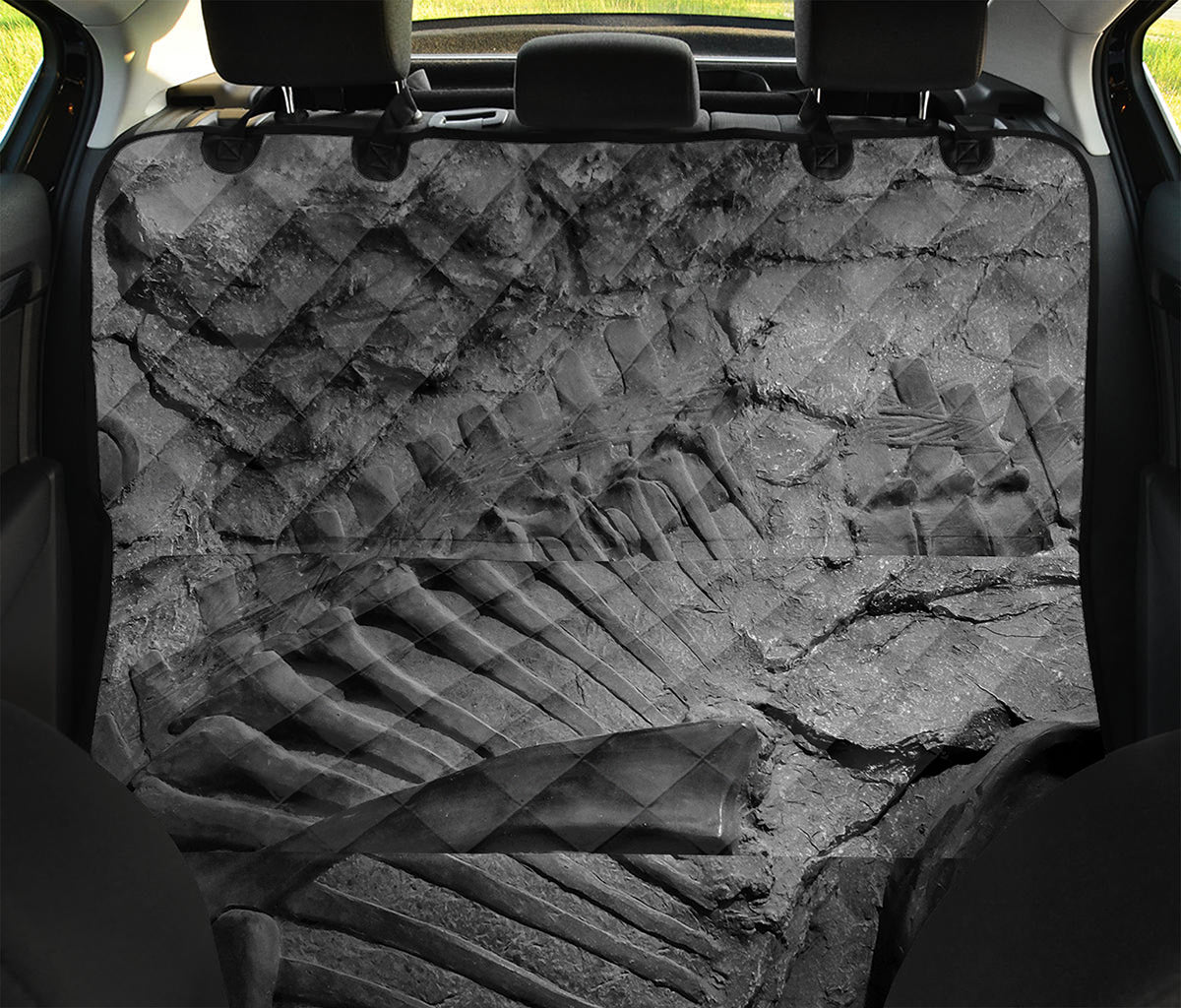 Monochrome Dinosaur Fossil Print Pet Car Back Seat Cover
