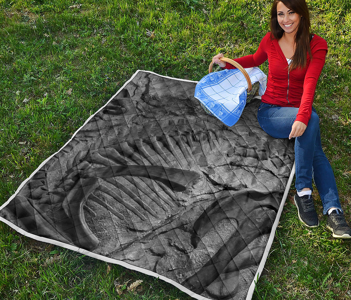 Monochrome Dinosaur Fossil Print Quilt