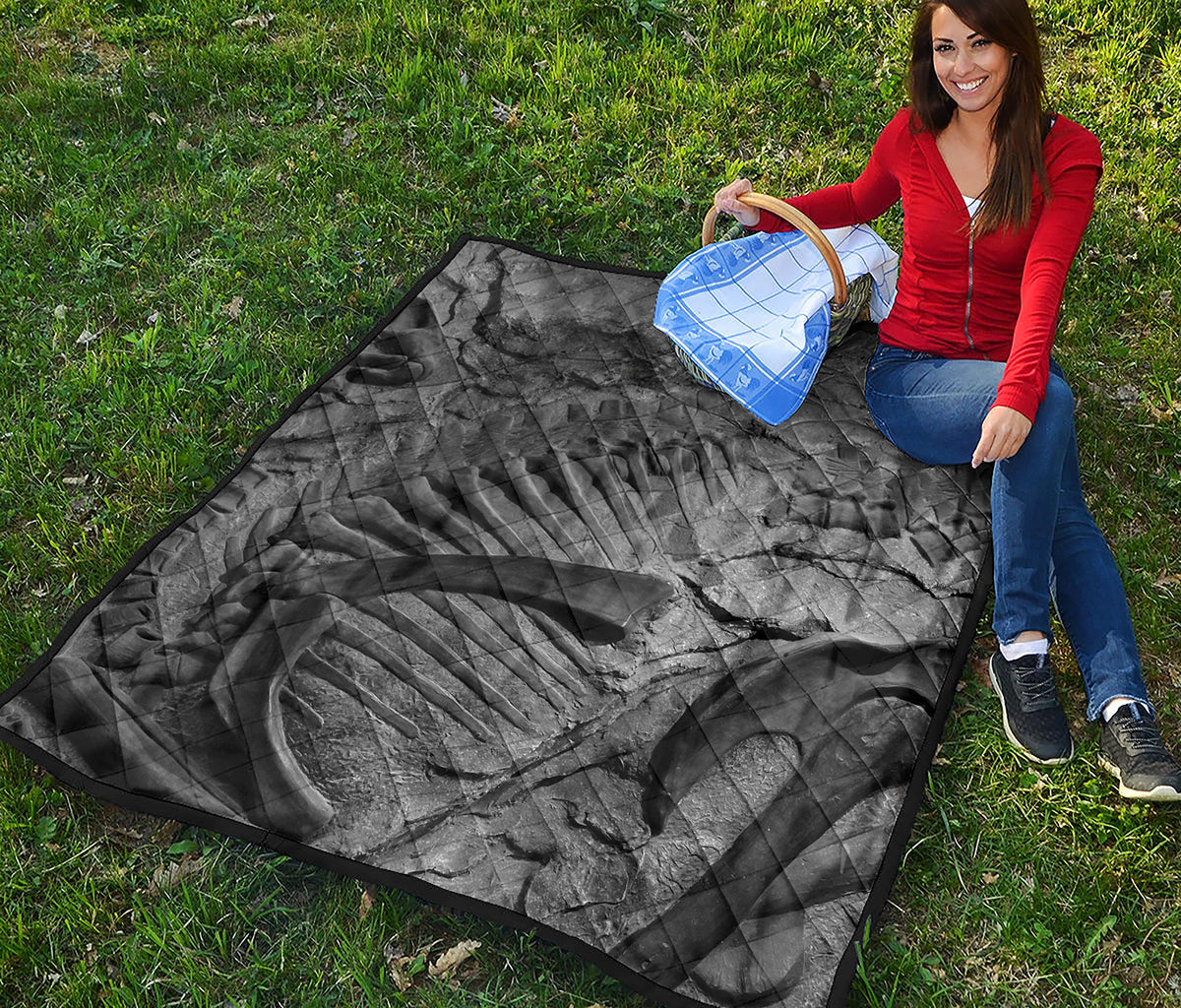 Monochrome Dinosaur Fossil Print Quilt