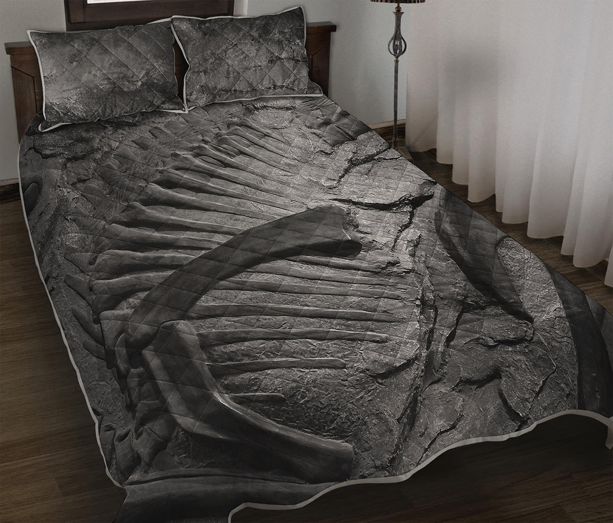 Monochrome Dinosaur Fossil Print Quilt Bed Set