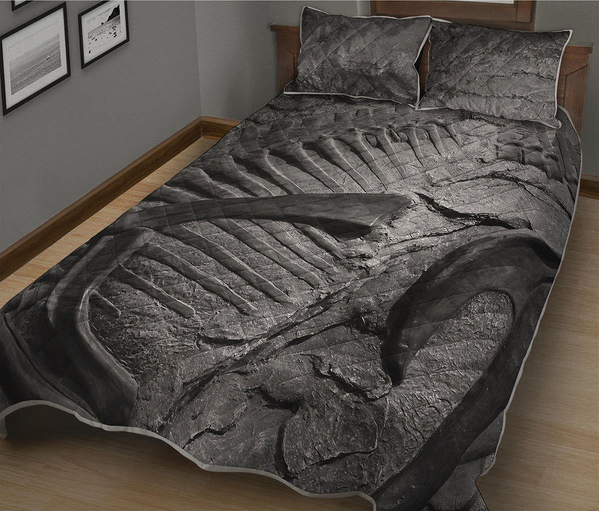 Monochrome Dinosaur Fossil Print Quilt Bed Set