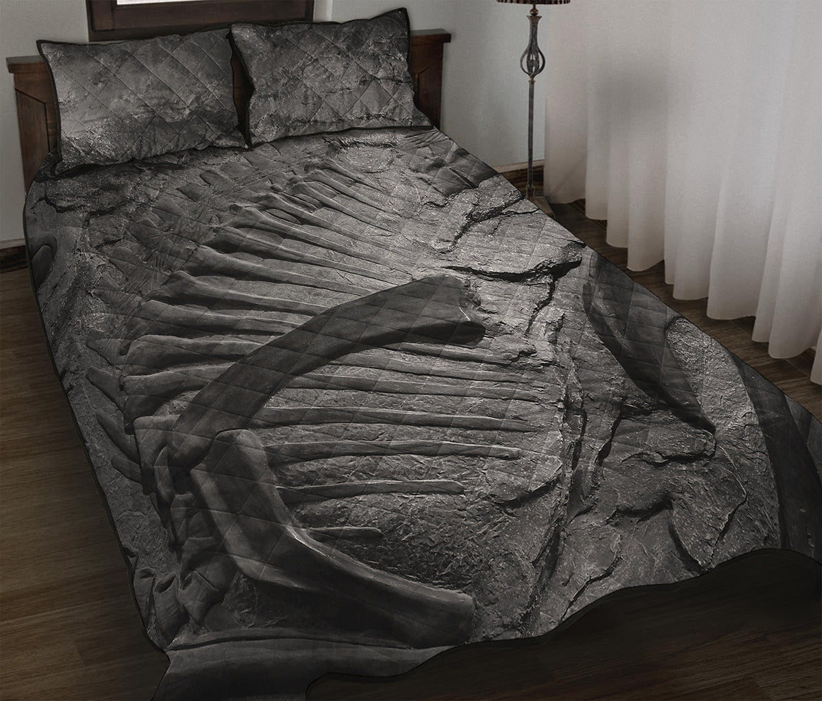 Monochrome Dinosaur Fossil Print Quilt Bed Set