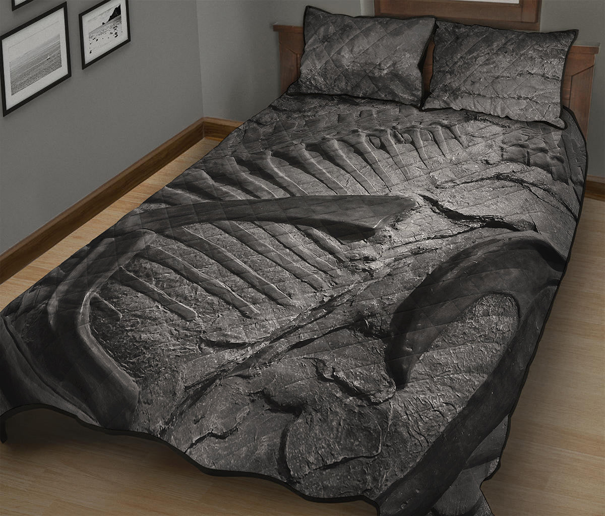 Monochrome Dinosaur Fossil Print Quilt Bed Set