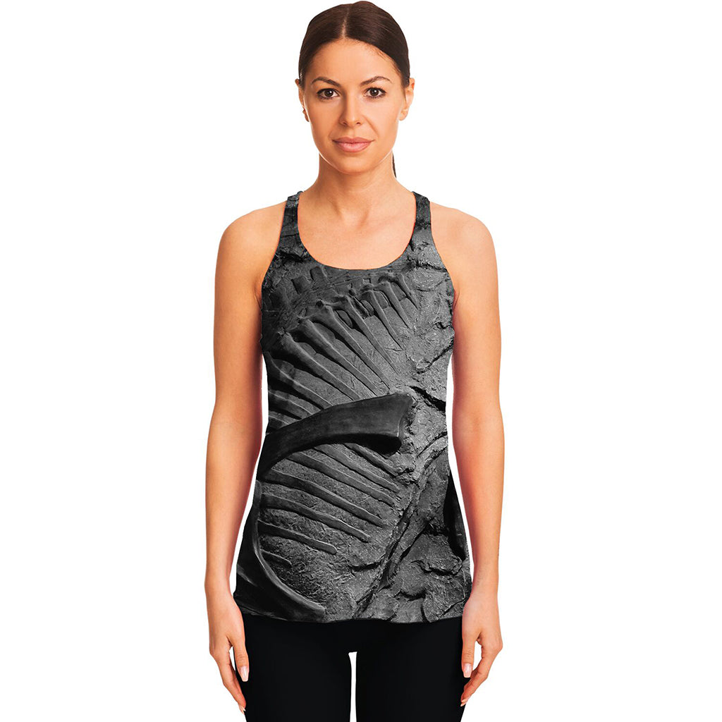 Monochrome Dinosaur Fossil Print Women's Racerback Tank Top
