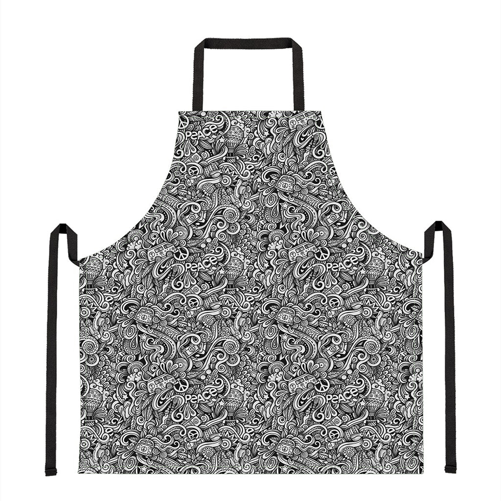 Monochrome Graffiti Hippie Pattern Print Apron