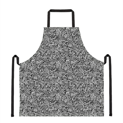 Monochrome Graffiti Hippie Pattern Print Apron