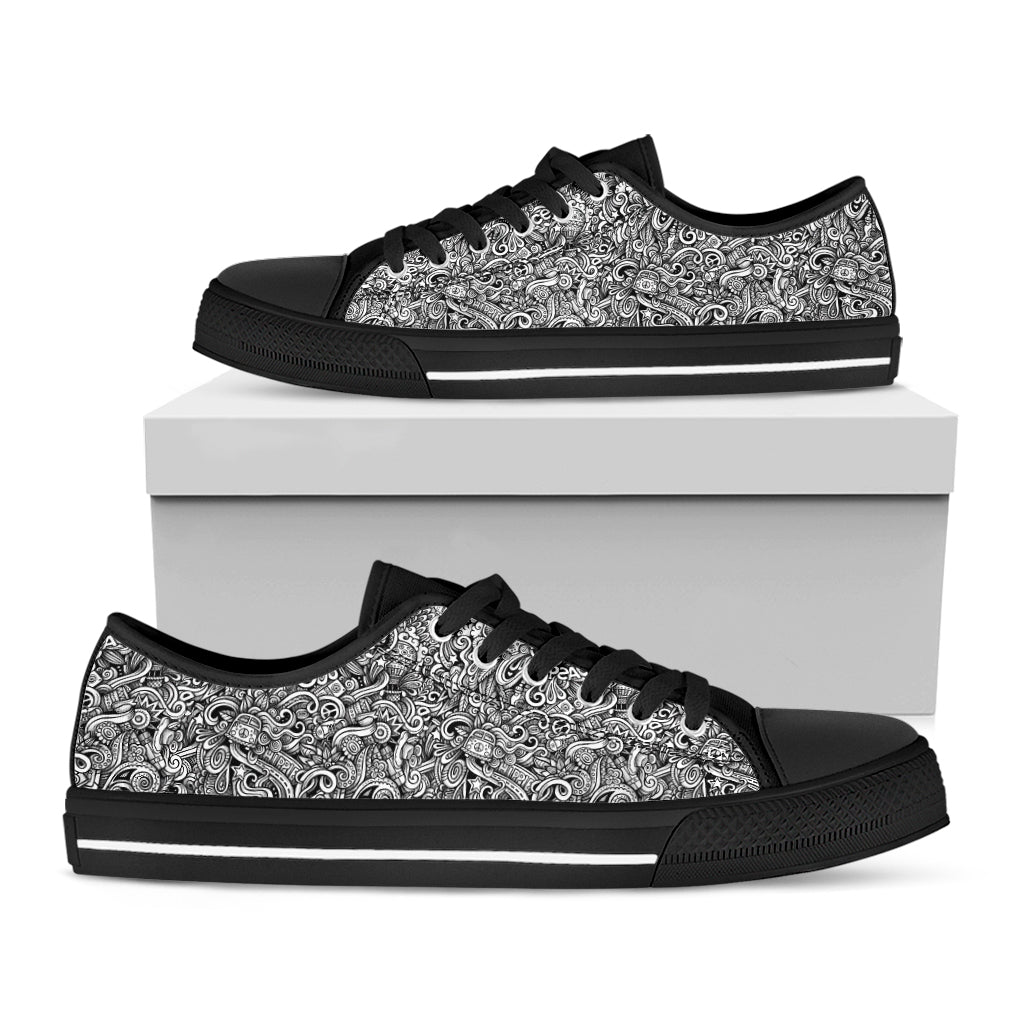 Monochrome Graffiti Hippie Pattern Print Black Low Top Shoes