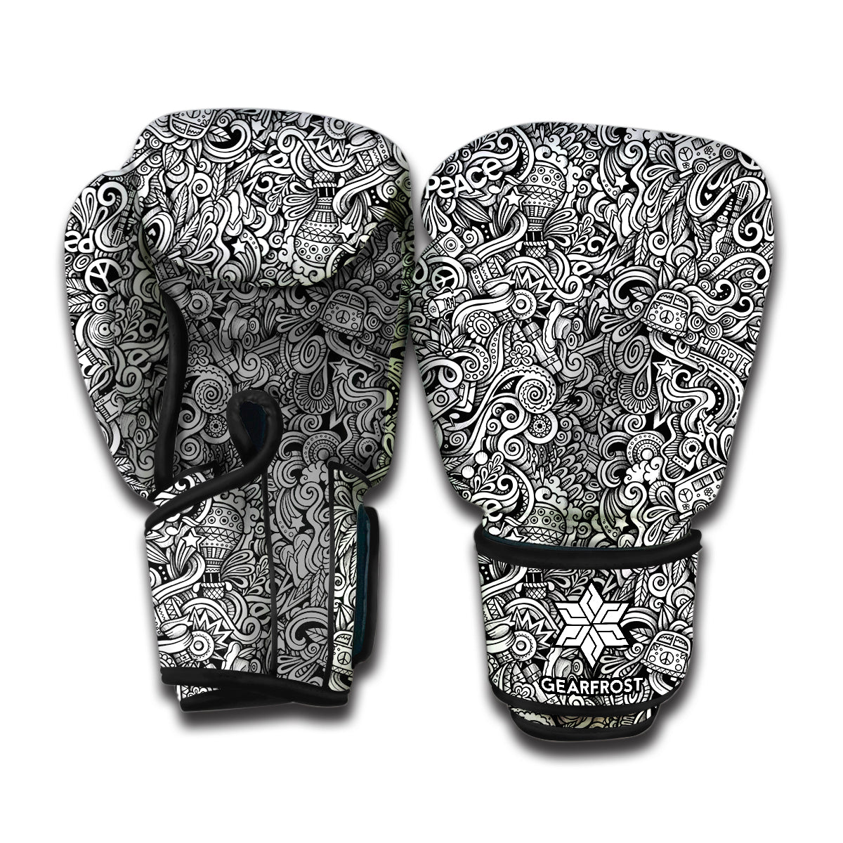 Monochrome Graffiti Hippie Pattern Print Boxing Gloves