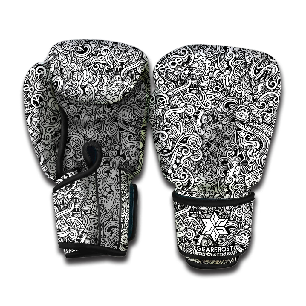 Monochrome Graffiti Hippie Pattern Print Boxing Gloves