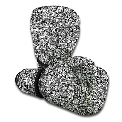 Monochrome Graffiti Hippie Pattern Print Boxing Gloves