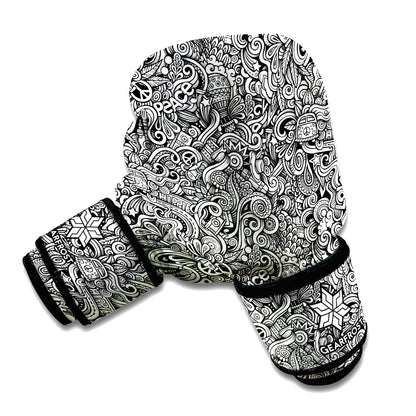 Monochrome Graffiti Hippie Pattern Print Boxing Gloves