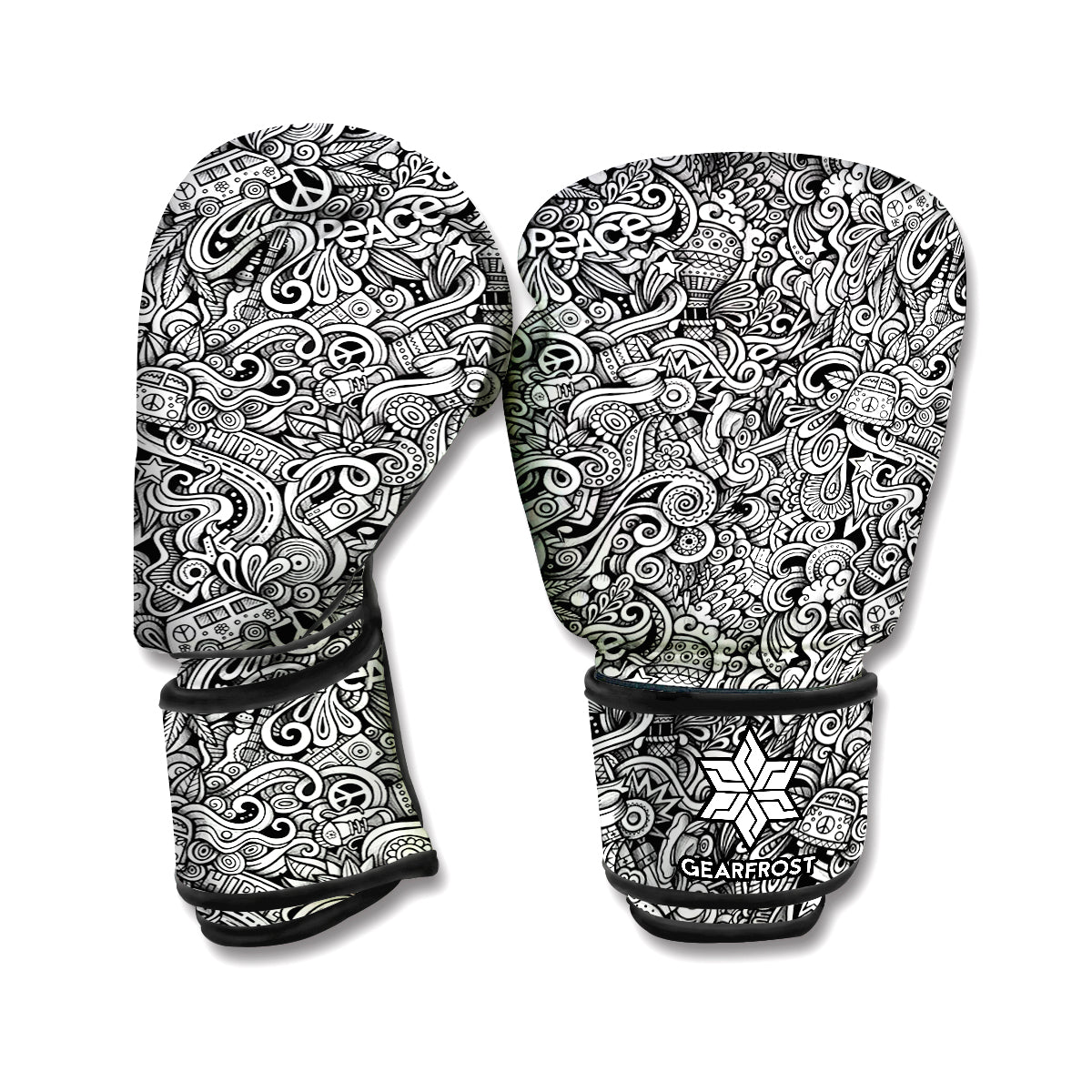 Monochrome Graffiti Hippie Pattern Print Boxing Gloves