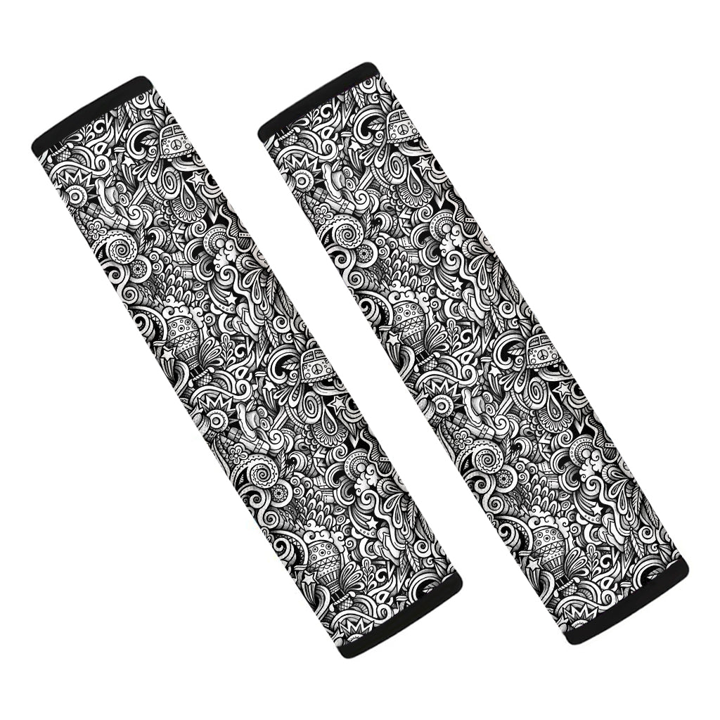 Monochrome Graffiti Hippie Pattern Print Car Seat Belt Covers