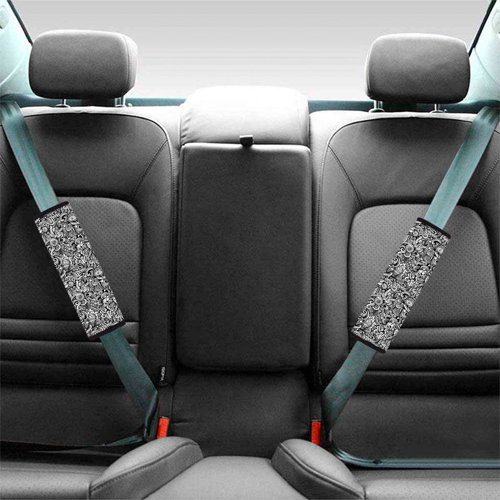 Monochrome Graffiti Hippie Pattern Print Car Seat Belt Covers