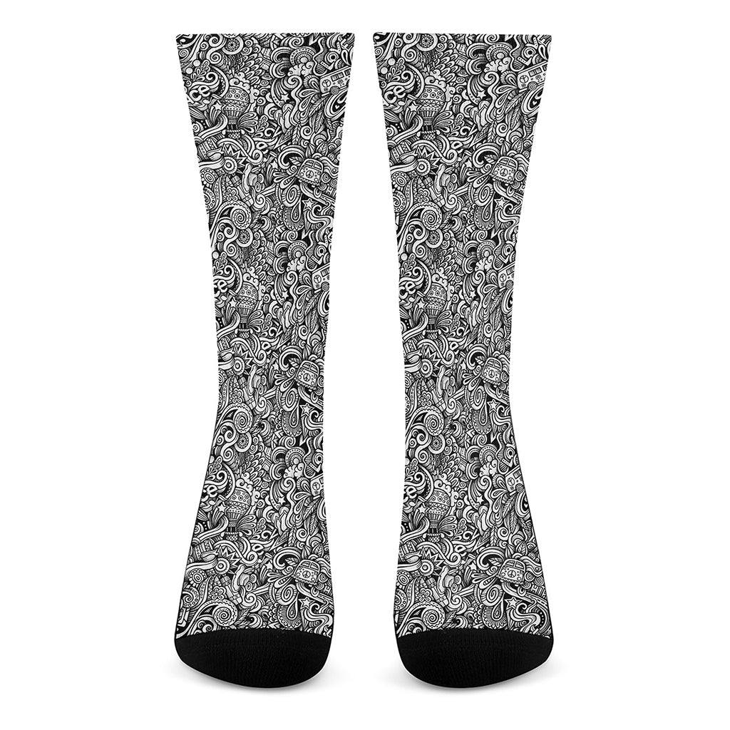 Monochrome Graffiti Hippie Pattern Print Crew Socks