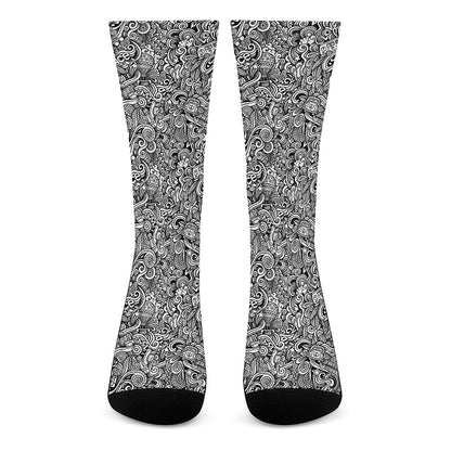 Monochrome Graffiti Hippie Pattern Print Crew Socks