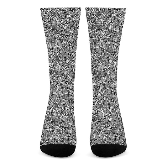 Monochrome Graffiti Hippie Pattern Print Crew Socks