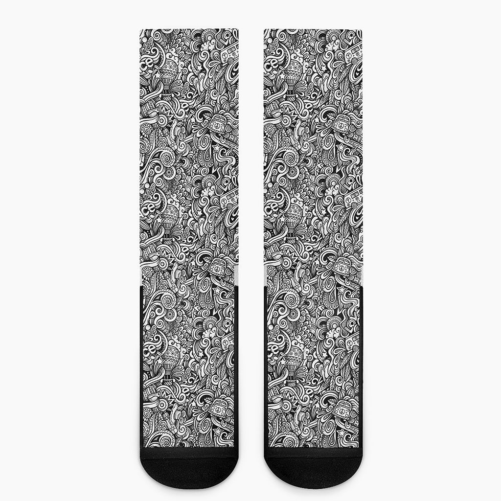 Monochrome Graffiti Hippie Pattern Print Crew Socks