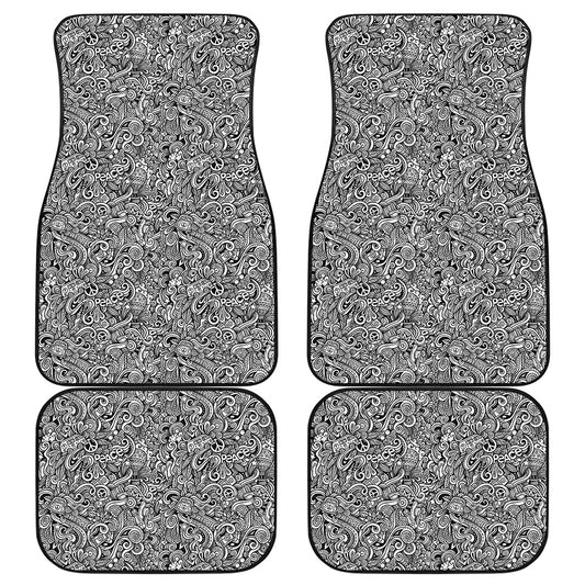 Monochrome Graffiti Hippie Pattern Print Front and Back Car Floor Mats