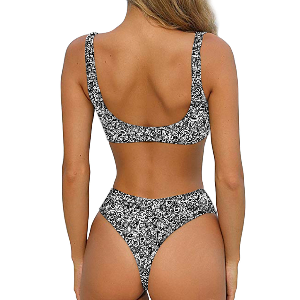 Monochrome Graffiti Hippie Pattern Print Front Bow Tie Bikini