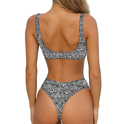Monochrome Graffiti Hippie Pattern Print Front Bow Tie Bikini