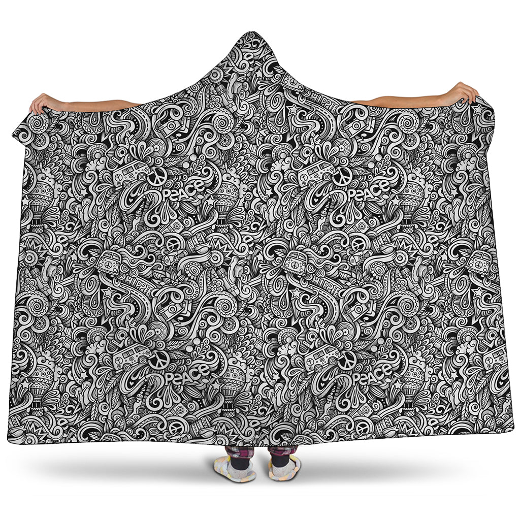 Monochrome Graffiti Hippie Pattern Print Hooded Blanket