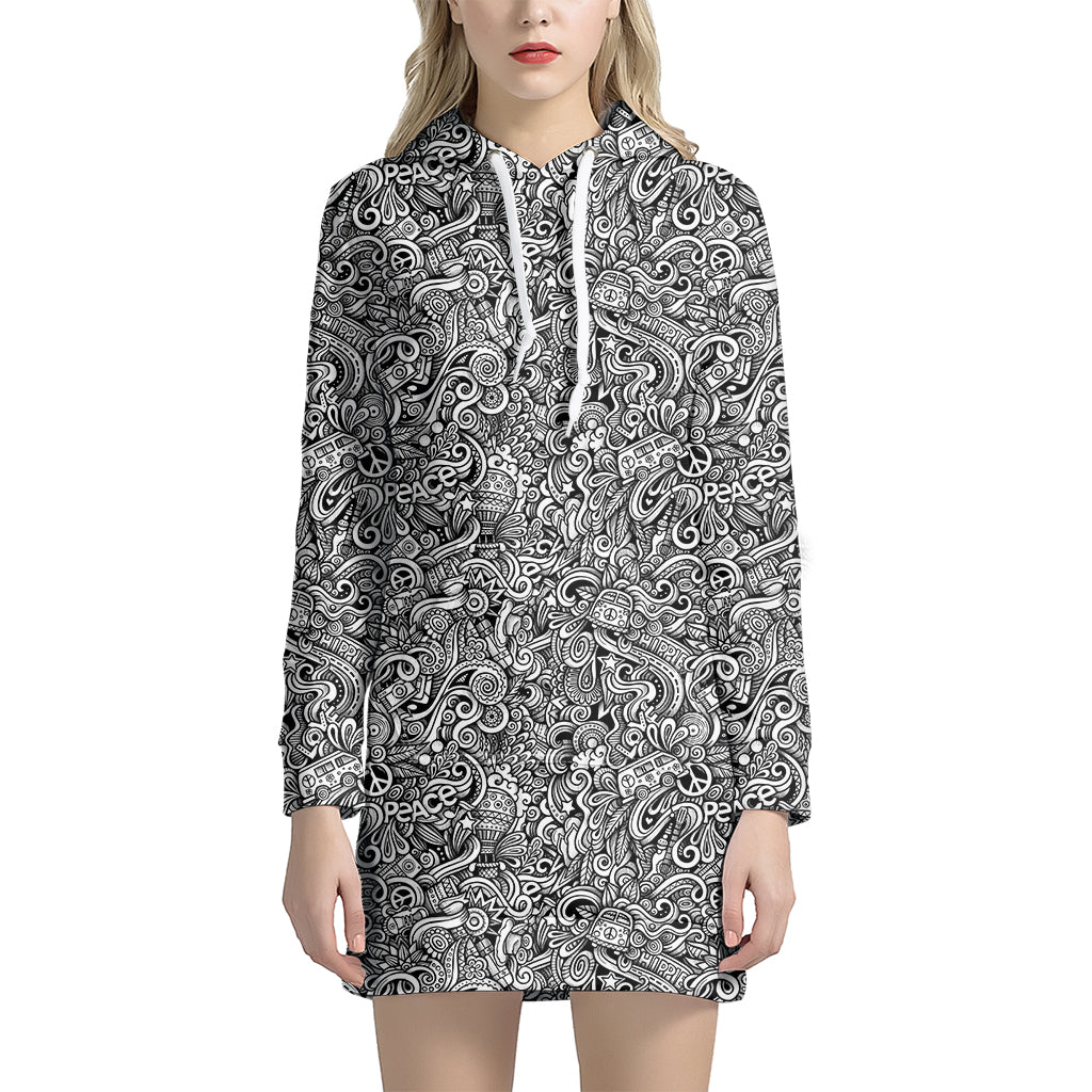 Monochrome Graffiti Hippie Pattern Print Hoodie Dress