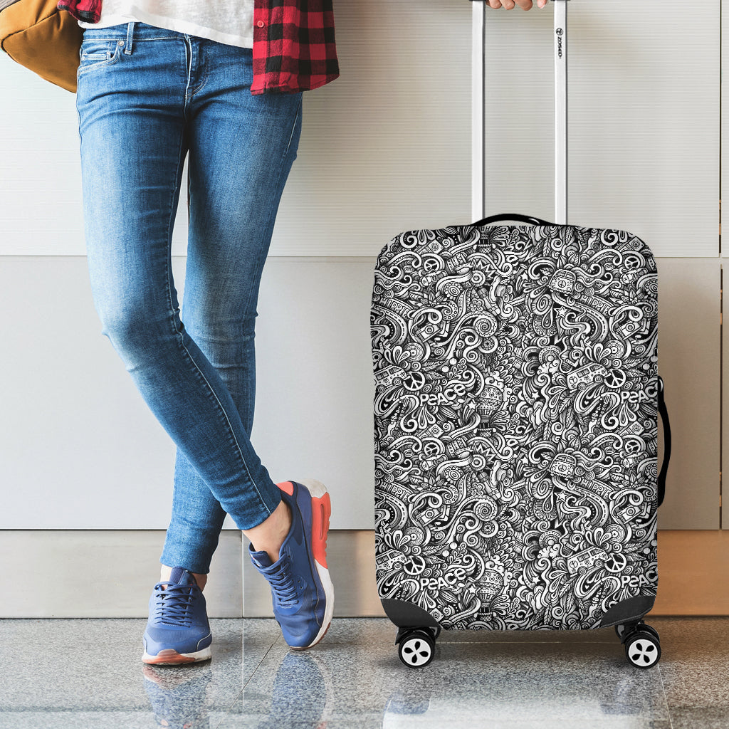 Monochrome Graffiti Hippie Pattern Print Luggage Cover
