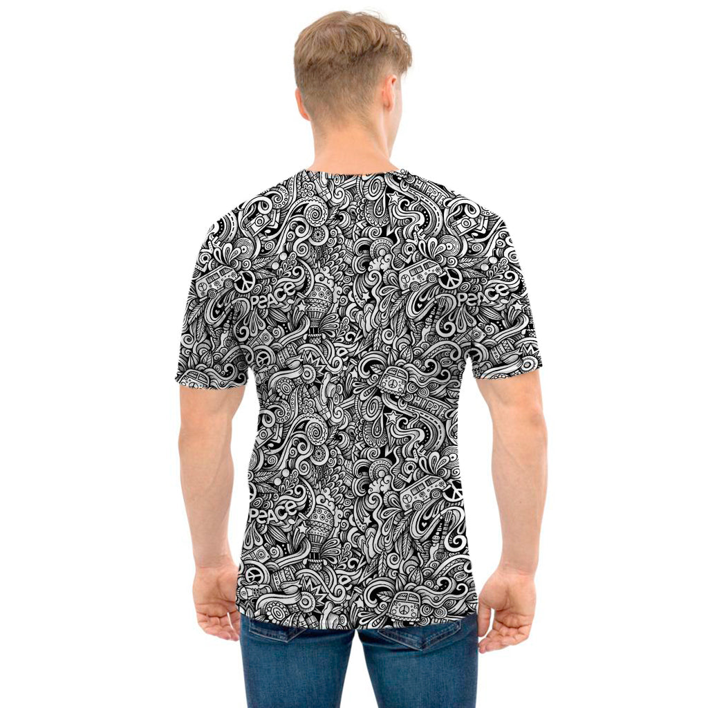 Monochrome Graffiti Hippie Pattern Print Men's T-Shirt