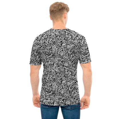 Monochrome Graffiti Hippie Pattern Print Men's T-Shirt