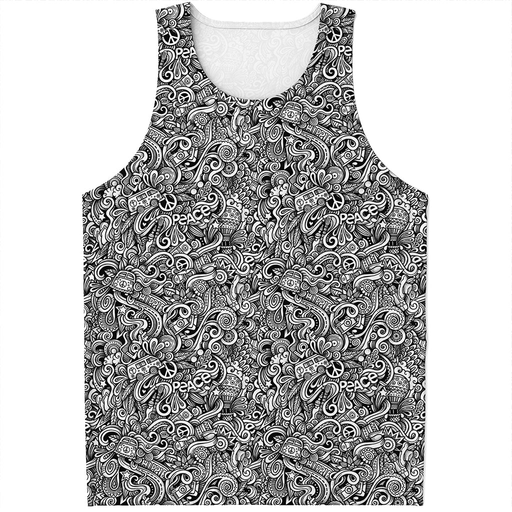 Monochrome Graffiti Hippie Pattern Print Men's Tank Top