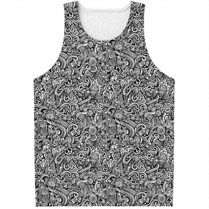 Monochrome Graffiti Hippie Pattern Print Men's Tank Top