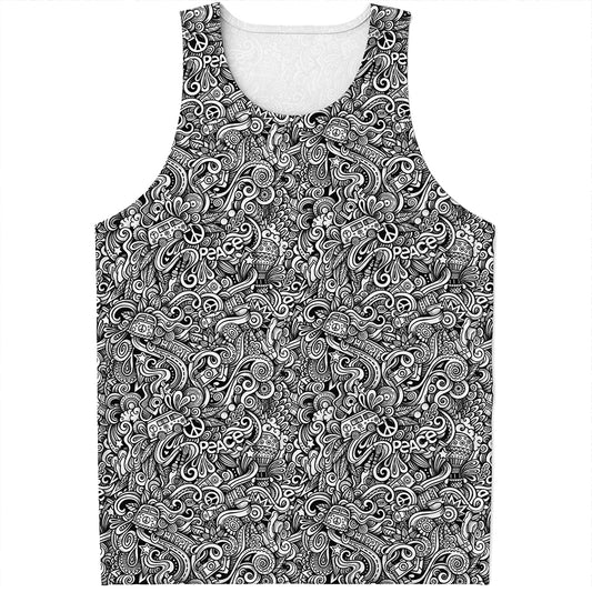 Monochrome Graffiti Hippie Pattern Print Men's Tank Top