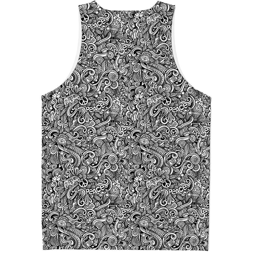 Monochrome Graffiti Hippie Pattern Print Men's Tank Top