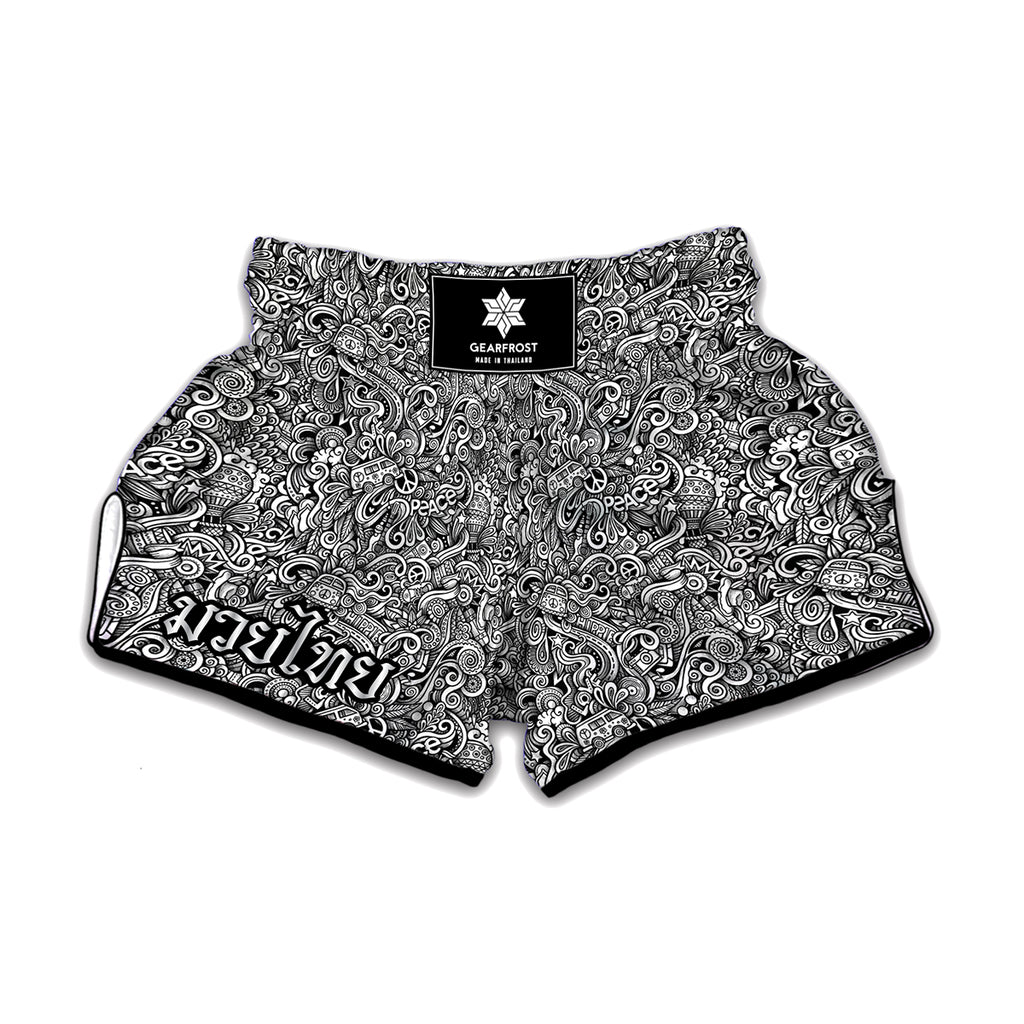 Monochrome Graffiti Hippie Pattern Print Muay Thai Boxing Shorts