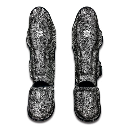 Monochrome Graffiti Hippie Pattern Print Muay Thai Shin Guard
