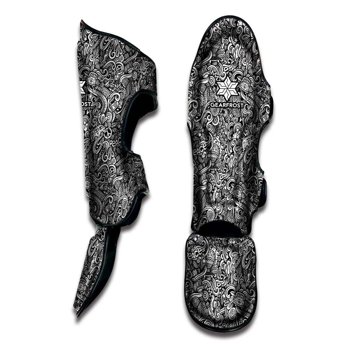 Monochrome Graffiti Hippie Pattern Print Muay Thai Shin Guard